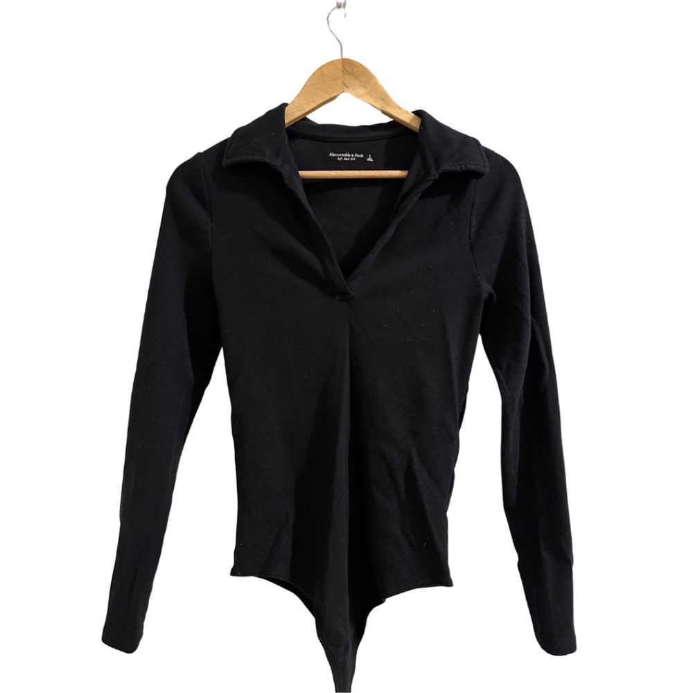 Long-Sleeve Ribbed Polo Bodysuit Black Size LARGE